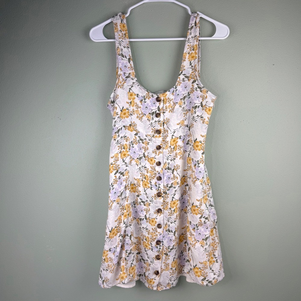 American Eagle Floral Button Front Mini Dress Yellow Purple White Womens Medium